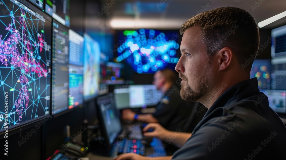 A data security engineer focuses on analyzing cyber threats at a high-tech workstation within a state-of-the-art operations center A data security engineer focuses on analyzing cyber threats at a high-tech workstation within a state-of-the-art operations center