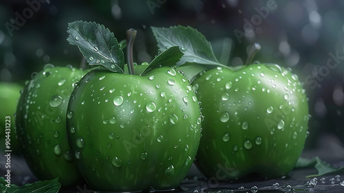   A trio of verdant apples rests atop a wettable amidst rainfall photo