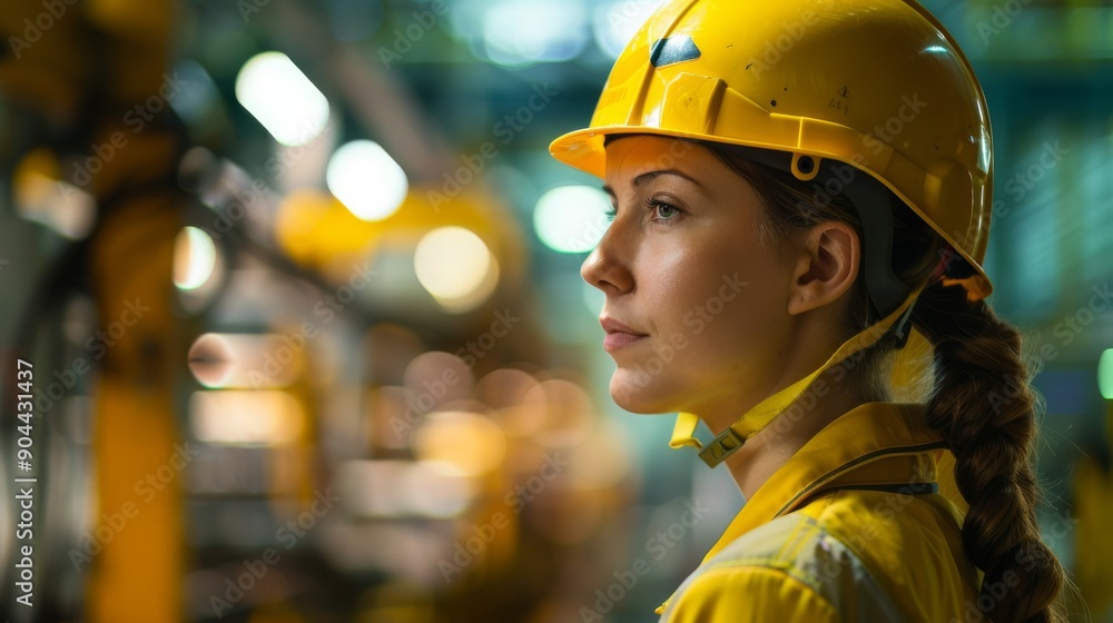 A female factory worker wearing a bright yellow safety helmet focuses intently on the blurred production line, showcasing a commitment to her role in the industrial environment A female factory worker wearing a bright yellow safety helmet focuses intently on the blurred production line, showcasing a commitment to her role in the industrial environment