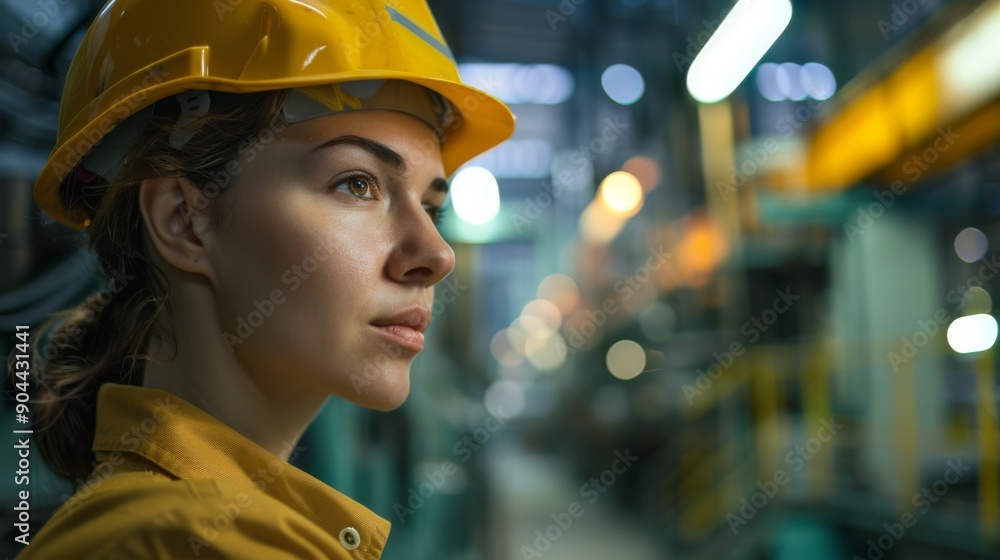A female factory worker in a bright yellow safety helmet attentively observes the blurred production line, showcasing focus and dedication in her environment A female factory worker in a bright yellow safety helmet attentively observes the blurred production line, showcasing focus and dedication in her environment