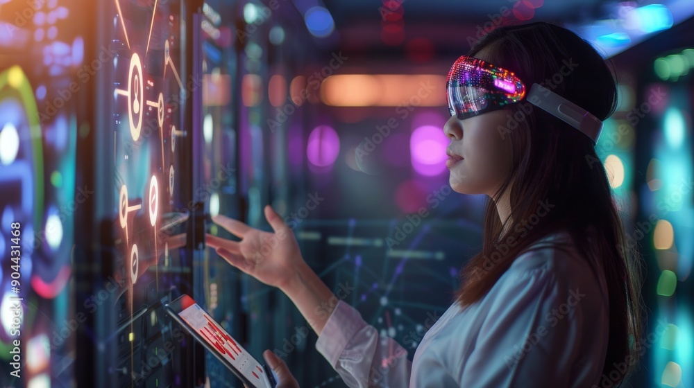 A female IT specialist uses a tablet to interact with augmented reality visuals, immersed in a vibrant server room environment A female IT specialist uses a tablet to interact with augmented reality visuals, immersed in a vibrant server room environment