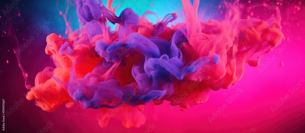 Ink color blend. Paint water drop. Transition reveal effect. Neon pink blue fluid splash on vibrant purple Ink color blend. Paint water drop. Transition reveal effect. Neon pink blue fluid splash on vibrant purple