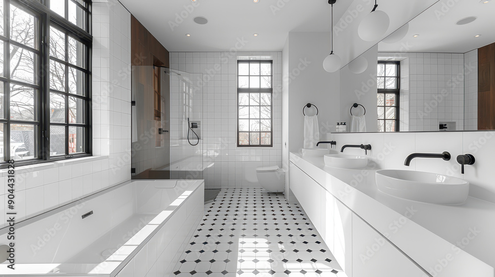 Spacious modern bathroom featuring minimalist design and elegant decor, creating a serene and relaxing atmosphere. Spacious modern bathroom featuring minimalist design and elegant decor, creating a serene and relaxing atmosphere.
