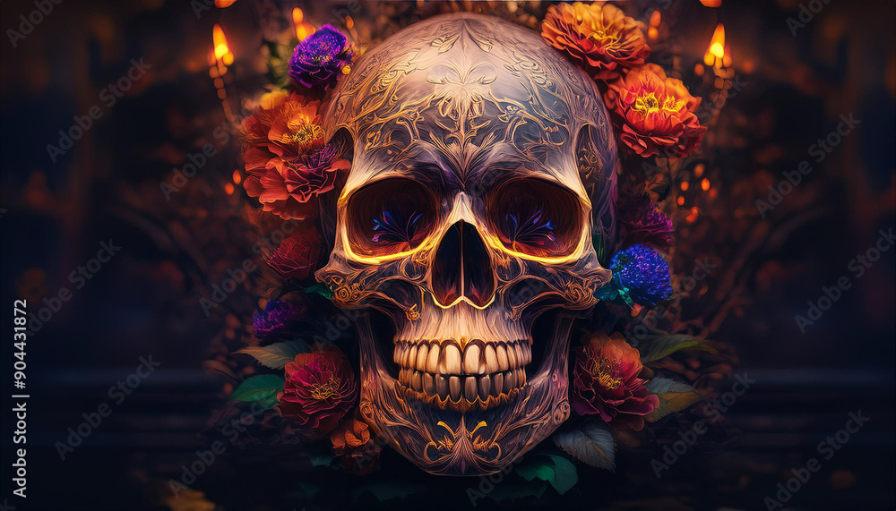 Day of the dead, Dia de los muertos, sugar skull with marigold flowers wreath on paper black color Background. Day of the dead, Dia de los muertos, sugar skull with marigold flowers wreath on paper black color Background.