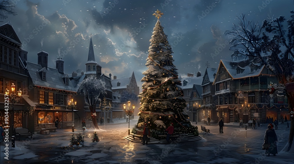 Snowy Holiday Town Square with Illuminated Christmas Tree and Cozy Shops Snowy Holiday Town Square with Illuminated Christmas Tree and Cozy Shops