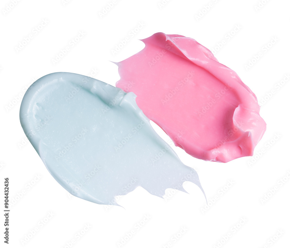 Swatch texture of blue pink cream or clay, kaolin, cosmetics for face and body on a isolated white background. Drop smear. Swatch texture of blue pink cream or clay, kaolin, cosmetics for face and body on a isolated white background. Drop smear.