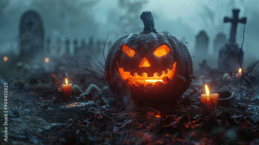 Fototapeta premium A pumpkin with a smiley face on it is sitting on a cemetery. The scene is set in a graveyard with a few candles scattered around