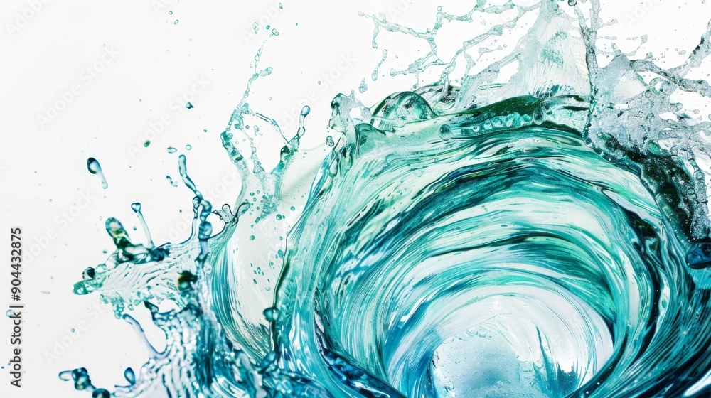 Fototapeta premium A dynamic whirlpool forms with vibrant blue and green colors, isolated against a white backdrop, creating a swirling motion