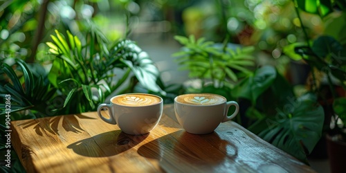 A serene morning with coffee cups on a wooden table and green plants in the background