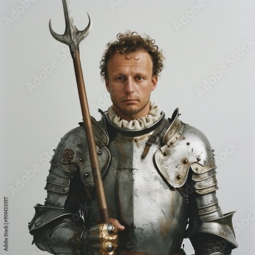 Medium shot of man with knight armors holding trident, frame by torso, isolated on a white background,  photo