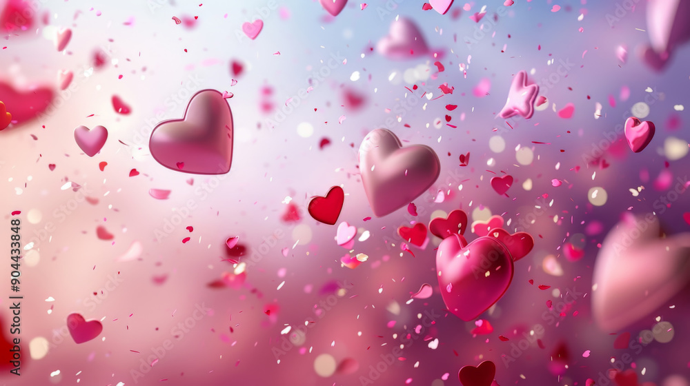 Pink Hearts and Confetti Floating in Celebration Pink Hearts and Confetti Floating in Celebration