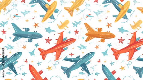 Airplanes and Stars Seamless Pattern: This whimsical and playful seamless pattern features a cheerful array of colorful airplanes soaring amidst a flurry of stars, perfect for adding a touch of aviati