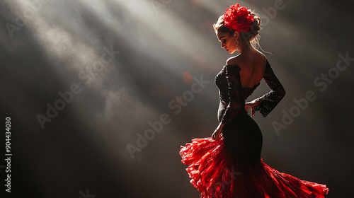 Flamenco dancer on stage. Stage lights, long dress, beautiful woman	
