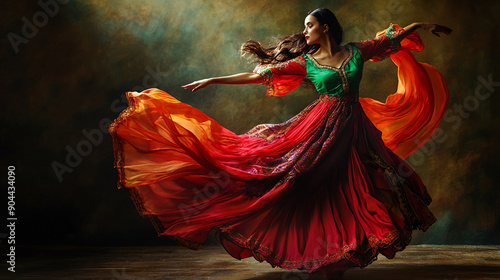Flamenco dancer on stage. Stage lights, long dress, beautiful woman	