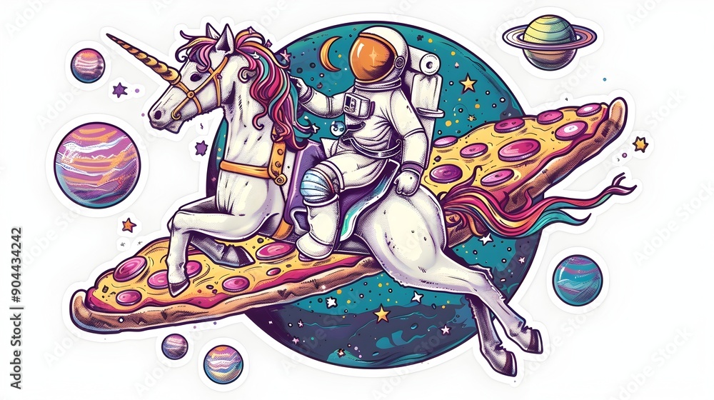 Obraz premium Quirky Astronaut Riding Unicorn Through Galaxy of Pizza Planets