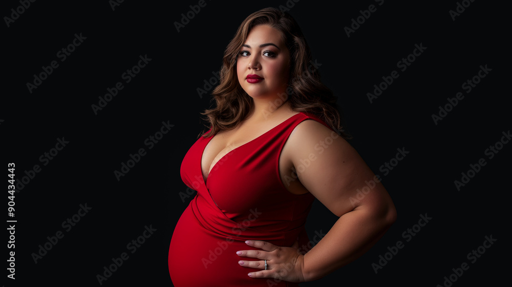attractive confident pregnant plus-size woman in red dress isolated on dark background. pregnancy photoshoot attractive confident pregnant plus-size woman in red dress isolated on dark background. pregnancy photoshoot