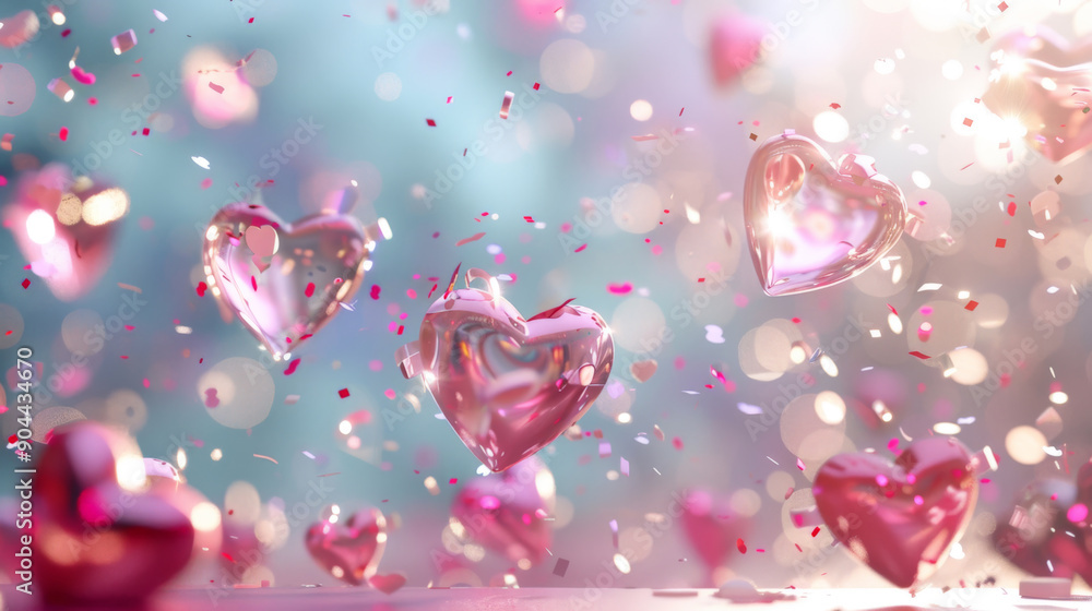 Floating Glass Hearts with Confetti on Sparkling Background Floating Glass Hearts with Confetti on Sparkling Background