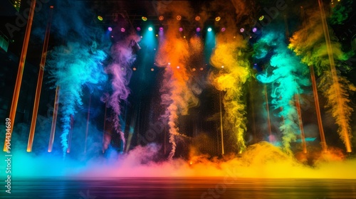 A lively theater stage ignites with colorful lights and smoke effects during an energetic concert performance, captivating the audience with its dynamic ambiance