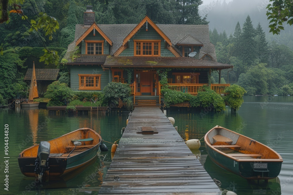 Obraz premium Beautiful home with dock and boats on lake, Washington state.