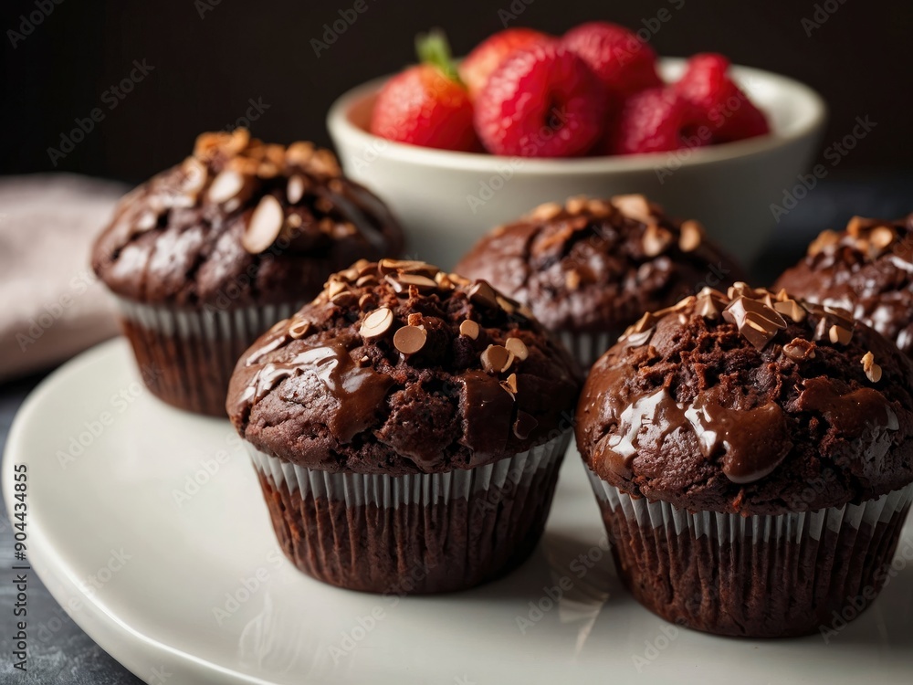 Closeup view of Delicious chocolate muffins on table. Close-up of luscious chocolate muffins Closeup view of Delicious chocolate muffins on table. Close-up of luscious chocolate muffins