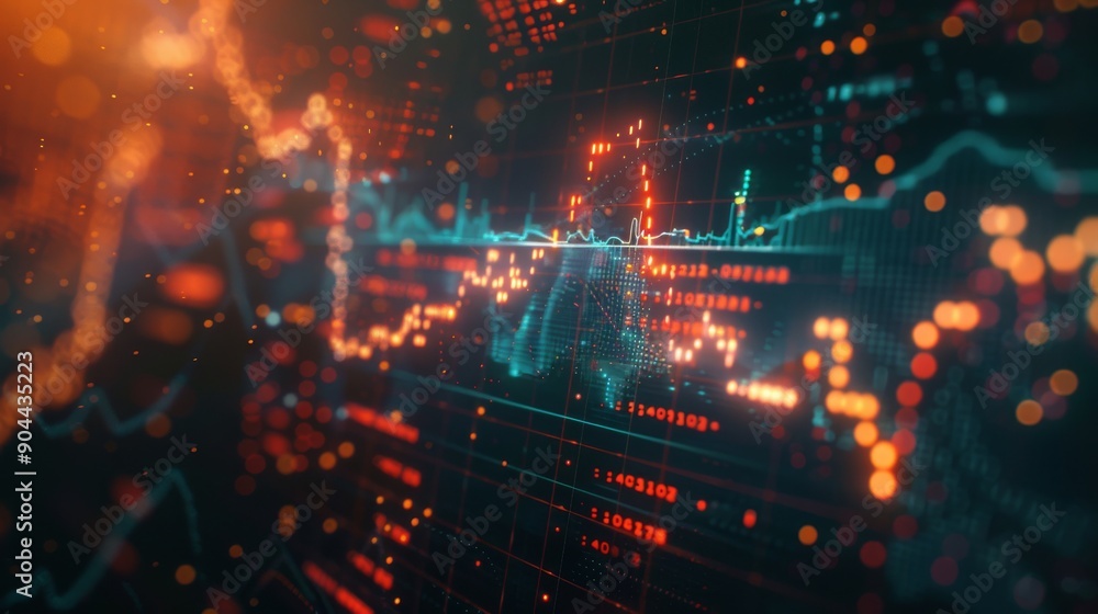 A vibrant stock market chart illuminates a digital screen, showcasing intricate graphs and indicators during a time of active trading A vibrant stock market chart illuminates a digital screen, showcasing intricate graphs and indicators during a time of active trading