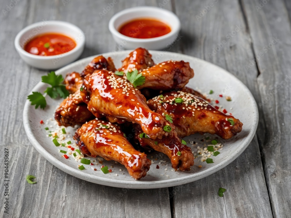 Baked chicken wings with sesame seeds and sweet chili sauce on white wooden board. Lip-smacking sesame-glazed chicken wings Baked chicken wings with sesame seeds and sweet chili sauce on white wooden board. Lip-smacking sesame-glazed chicken wings