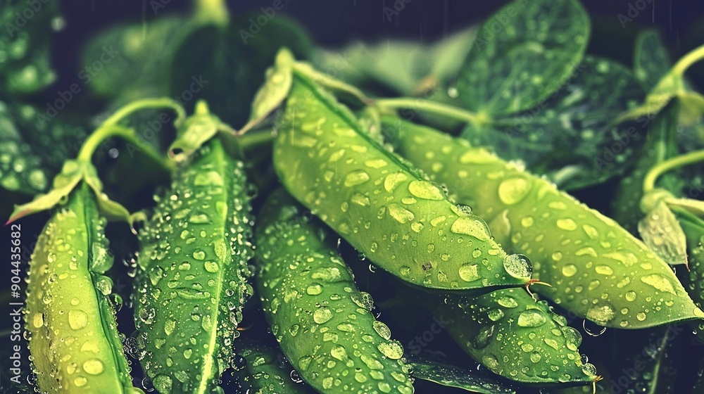 A close-up of green beans with water drops and surrounding green foliage A close-up of green beans with water drops and surrounding green foliage