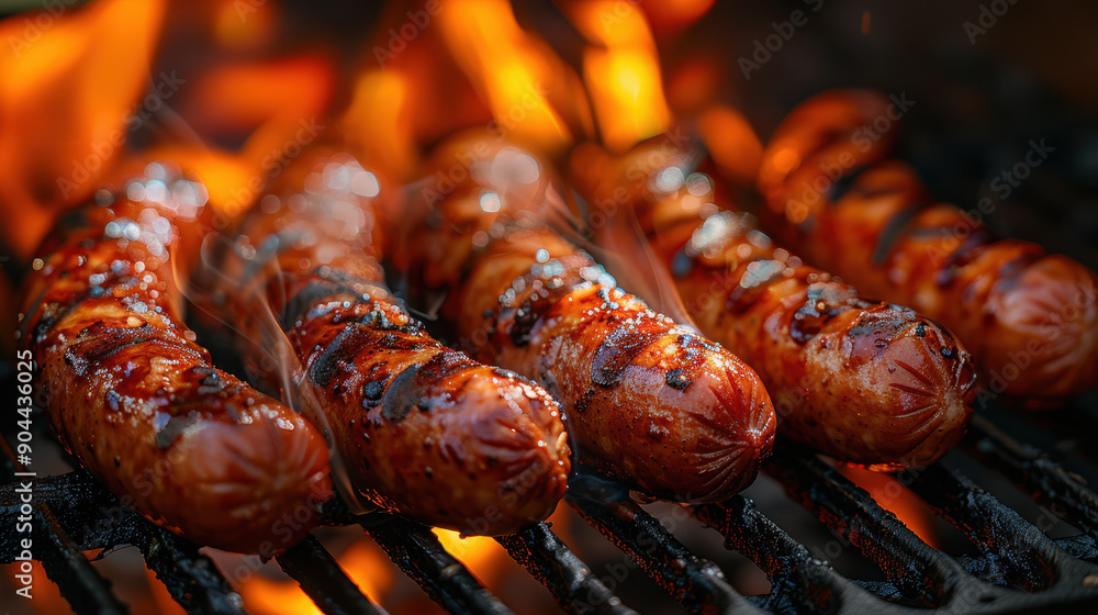 Grilled Sausages with Perfect Char Marks on a Barbecue Grill, Close-Up View Showcasing Juicy and Delicious Summer Barbecue Food Grilled Sausages with Perfect Char Marks on a Barbecue Grill, Close-Up View Showcasing Juicy and Delicious Summer Barbecue Food
