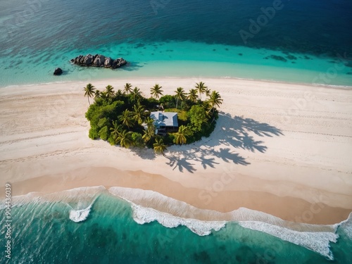 Aerial view of a small tropical island with palm trees and a sandy beach. Sandy beach and palm trees from a bird's eye view