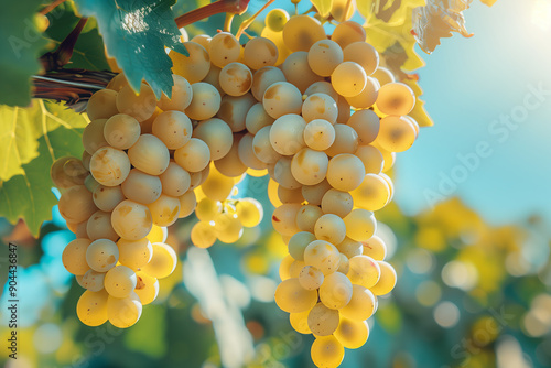 Grapes hanging from the vine in the blue sky atmosphere. photo