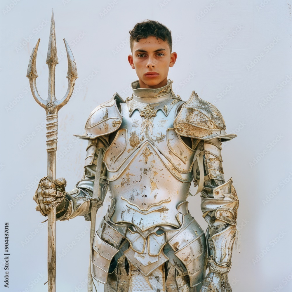 Obraz premium Medium shot of man with knight armors holding trident, frame by torso, isolated on a white background, 