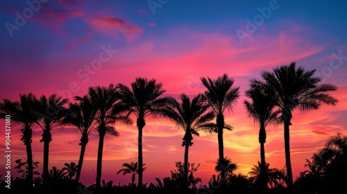 A group of palm trees stands silhouetted as the sun sets, casting brilliant colors across the tropical sky in a stunning display of orange, pink, and purple hues