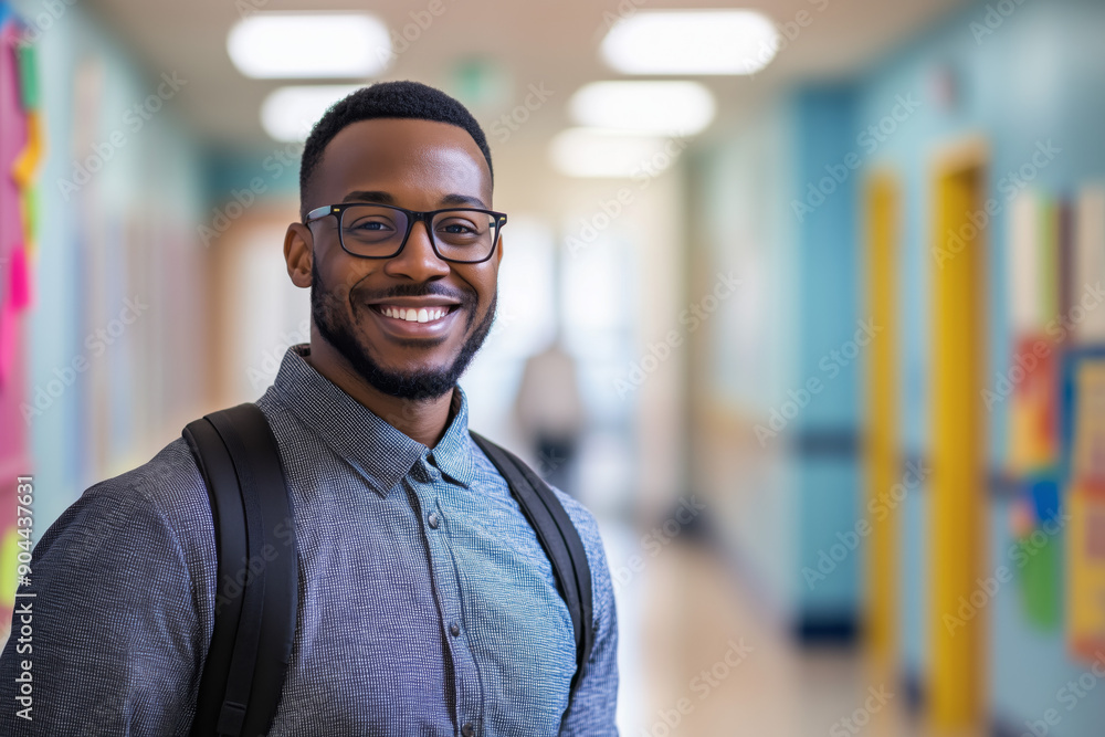 A cheerful black male teacher confidently walking down the elementary school hallway, smiling at the camera. Back to school concept with copy space for text. A cheerful black male teacher confidently walking down the elementary school hallway, smiling at the camera. Back to school concept with copy space for text.