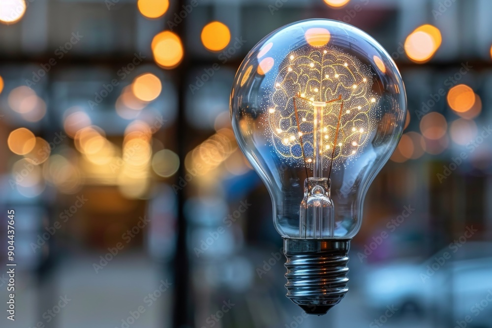 Illuminated Brain Lightbulb in a Cozy Cafe Setting Symbolizing Warm Ideas and Intellectual Comfort. Illuminated Brain Lightbulb in a Cozy Cafe Setting Symbolizing Warm Ideas and Intellectual Comfort.
