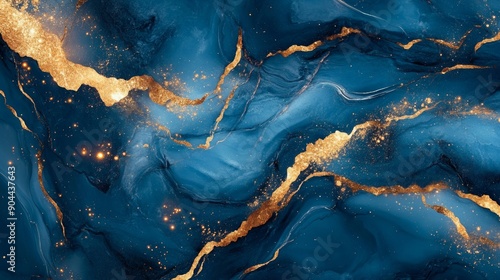 Blue marble abstract background with golden lines