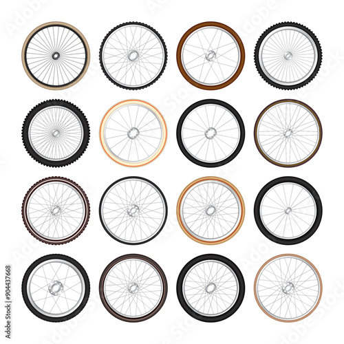 Realistic 3d retro bicycle wheels. Vintage bike rubber tyres, shiny metal spokes and rims. Fitness cycle, touring, sport, road and mountain bike. Vector illustration