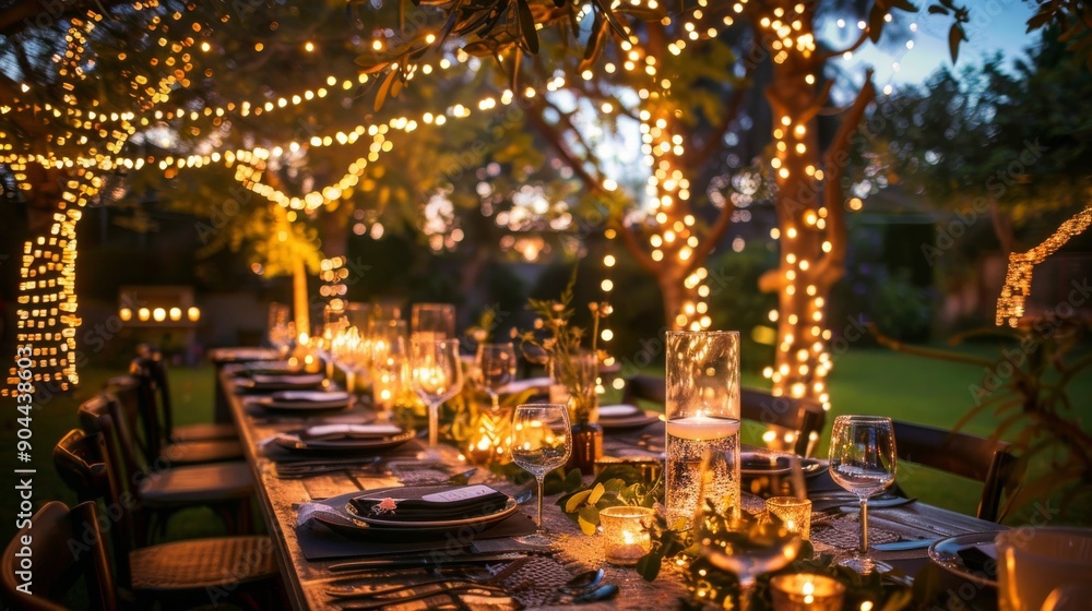 An elegantly decorated dining table is set in a garden, adorned with flickering lights and surrounded by greenery, creating an enchanting atmosphere for guests An elegantly decorated dining table is set in a garden, adorned with flickering lights and surrounded by greenery, creating an enchanting atmosphere for guests
