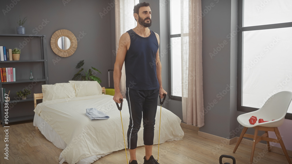 A bearded man in workout clothes using resistance bands for exercise in a modern bedroom setting A bearded man in workout clothes using resistance bands for exercise in a modern bedroom setting