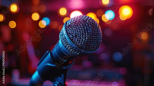 Close up of microphone on stage with blurred background.