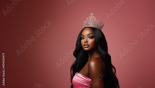 African American Young Beauty Queen Wearing Elegant Tiara, isolated pink background