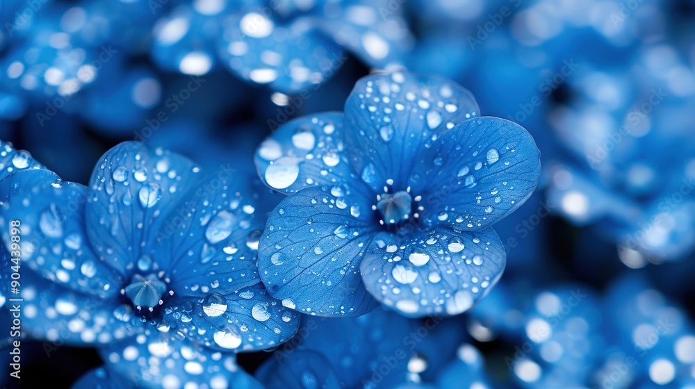 A picture featuring numerous blue blooms adorned with water droplets, surrounded by a lush green foliage A picture featuring numerous blue blooms adorned with water droplets, surrounded by a lush green foliage