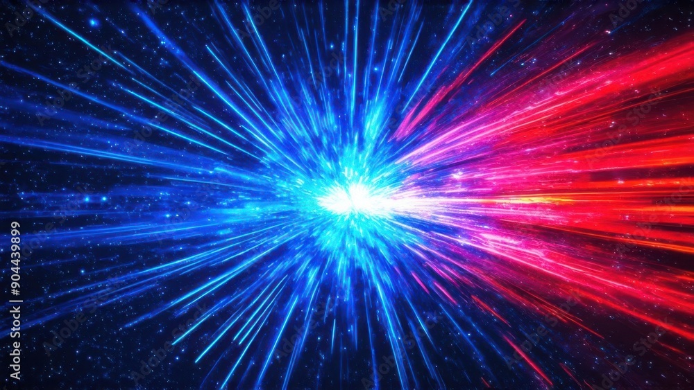 Fototapeta premium Abstract background in blue and red neon glow colors. Speed of light in galaxy. Explosion in universe. Space background for event, party, carnival, celebration, anniversary or other