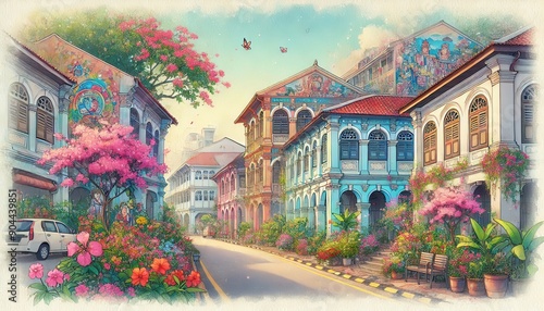 A spring scene in Penang, Malaysia, feature colonial buildings, vibrant street art and vivid flowers