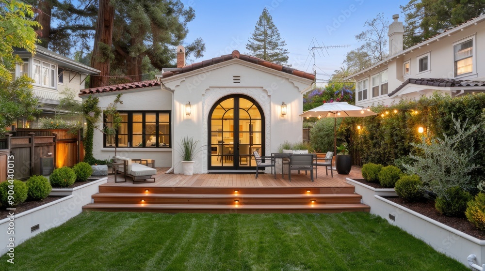 Fototapeta premium A stunning Mediterranean-style home showcases warm lights against a twilight sky in a serene California setting surrounded by lush greenery