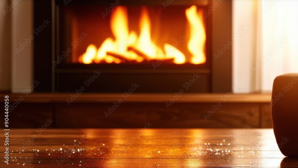 Fototapeta premium Wooden background with glitter effects and fireplace