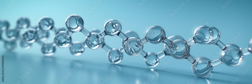 Transparent molecules connected in a chain on a blue background. Concept of scientific research, chemistry, and molecular structure, perfect for educational and scientific materials Transparent molecules connected in a chain on a blue background. Concept of scientific research, chemistry, and molecular structure, perfect for educational and scientific materials
