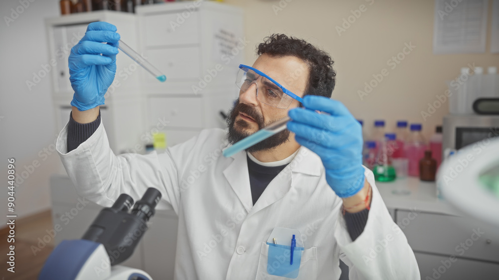Mature man scientist examining chemical samples in a laboratory wearing gloves and goggles Mature man scientist examining chemical samples in a laboratory wearing gloves and goggles