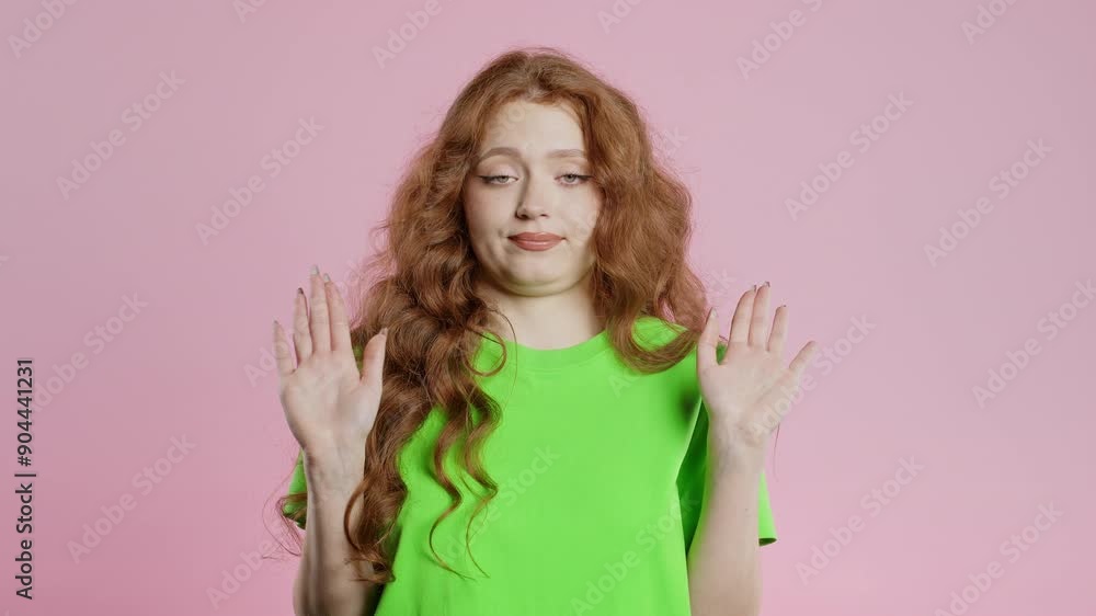 Confused young 20s aged woman, shoulders up - can't help, makes gesture of I dont know. Difficult question, guilty reaction, puzzled stylish woman on pink background. Confused young 20s aged woman, shoulders up - can't help, makes gesture of I dont know. Difficult question, guilty reaction, puzzled stylish woman on pink background.