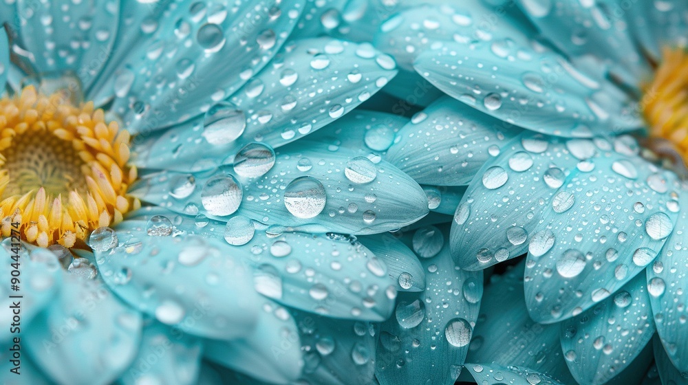 A detailed image of a blue blossom adorned with droplets of water and a vibrant yellow center at its core A detailed image of a blue blossom adorned with droplets of water and a vibrant yellow center at its core