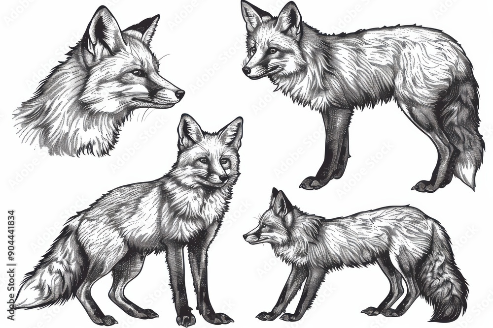 Fototapeta premium Intricate Hand-Drawn Fox Engraving: Black and White Ink Sketch